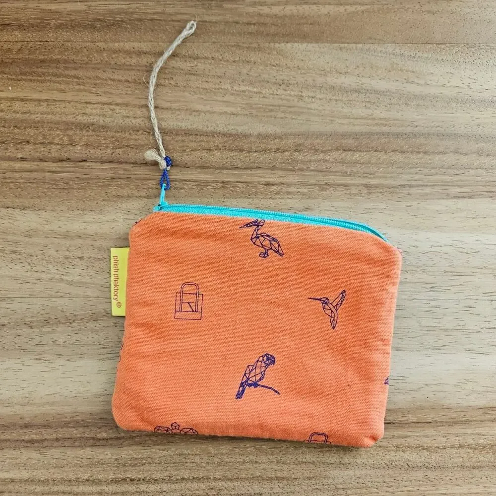 Phish Phaktory Bonaire Orange Hummingbird & Bird Print Handmade Pouch
